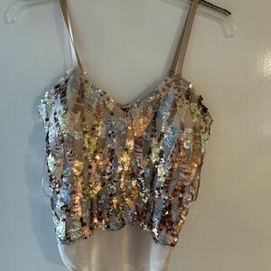 Zara Iridescent Sequin Bodysuit in Champagne and Silver